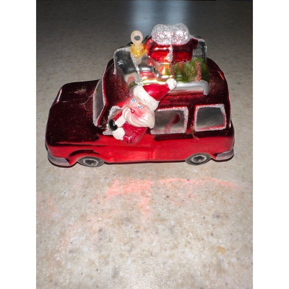 Santa Clause in Red‎ Station Wagon Glass Handblown Ornament